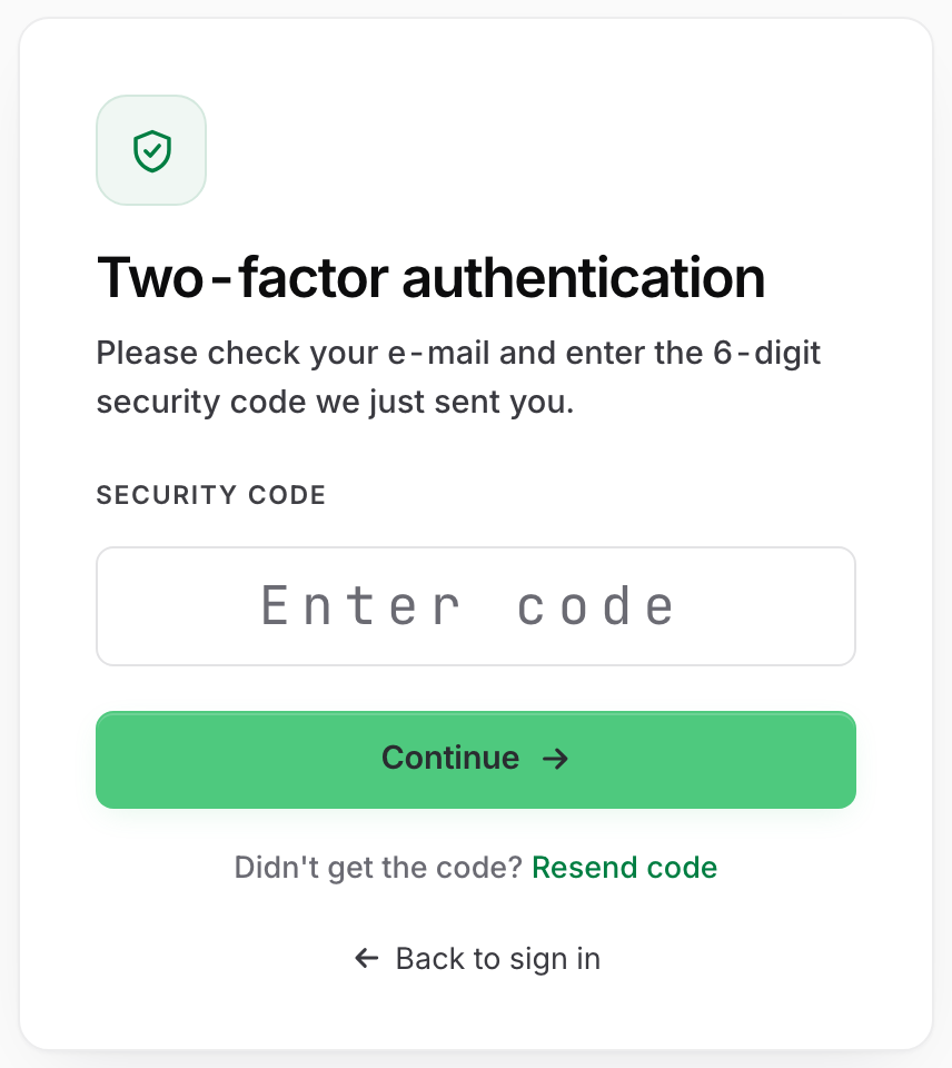 The Uptimia two-factor sign-in step: a Security code field with an Enter code placeholder, a Continue button, and a Resend code link for when the emailed code does not arrive.