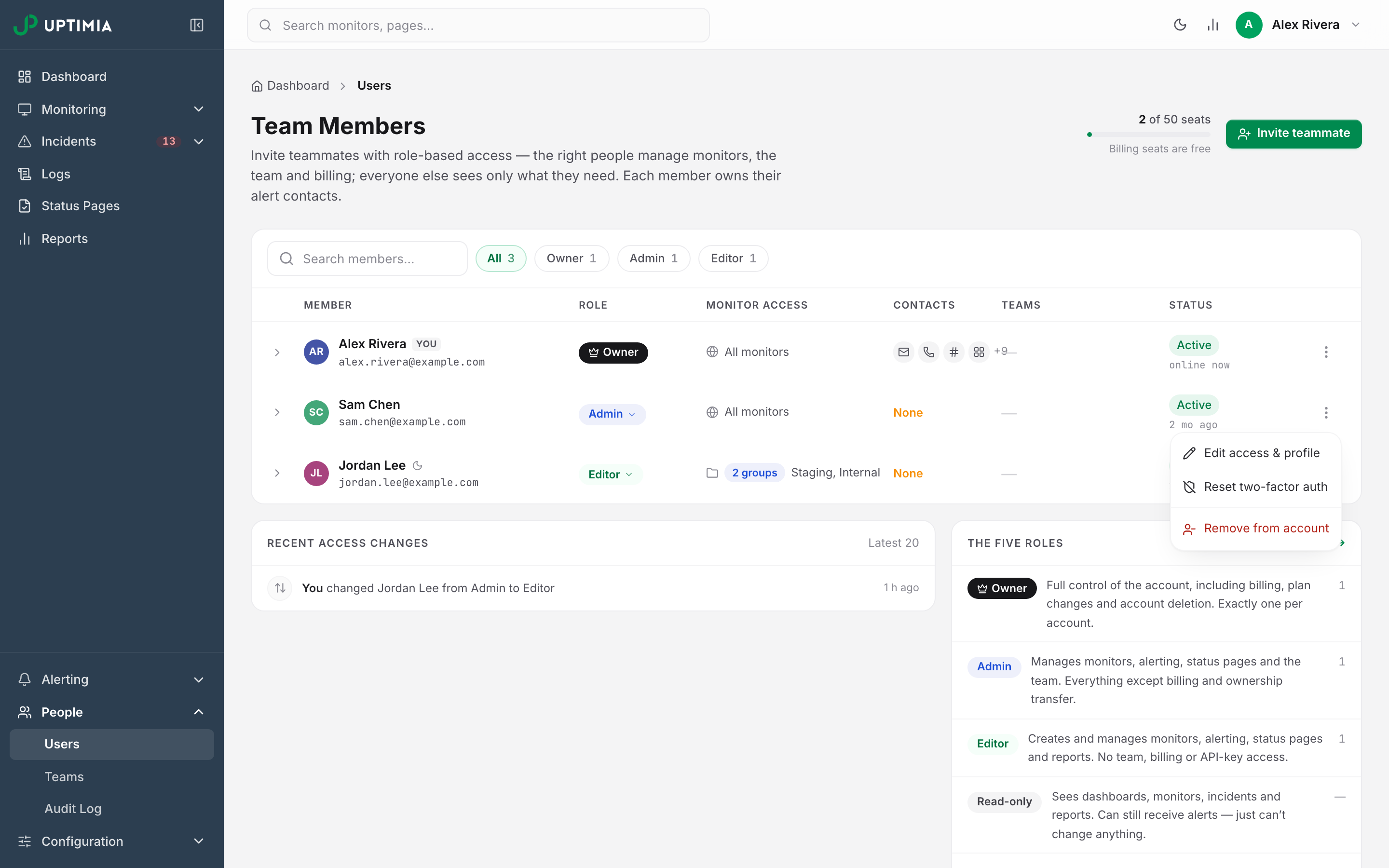 The Team Members roster with a member's row menu open, showing Reset two-factor auth sitting between Edit access & profile and Remove from account.