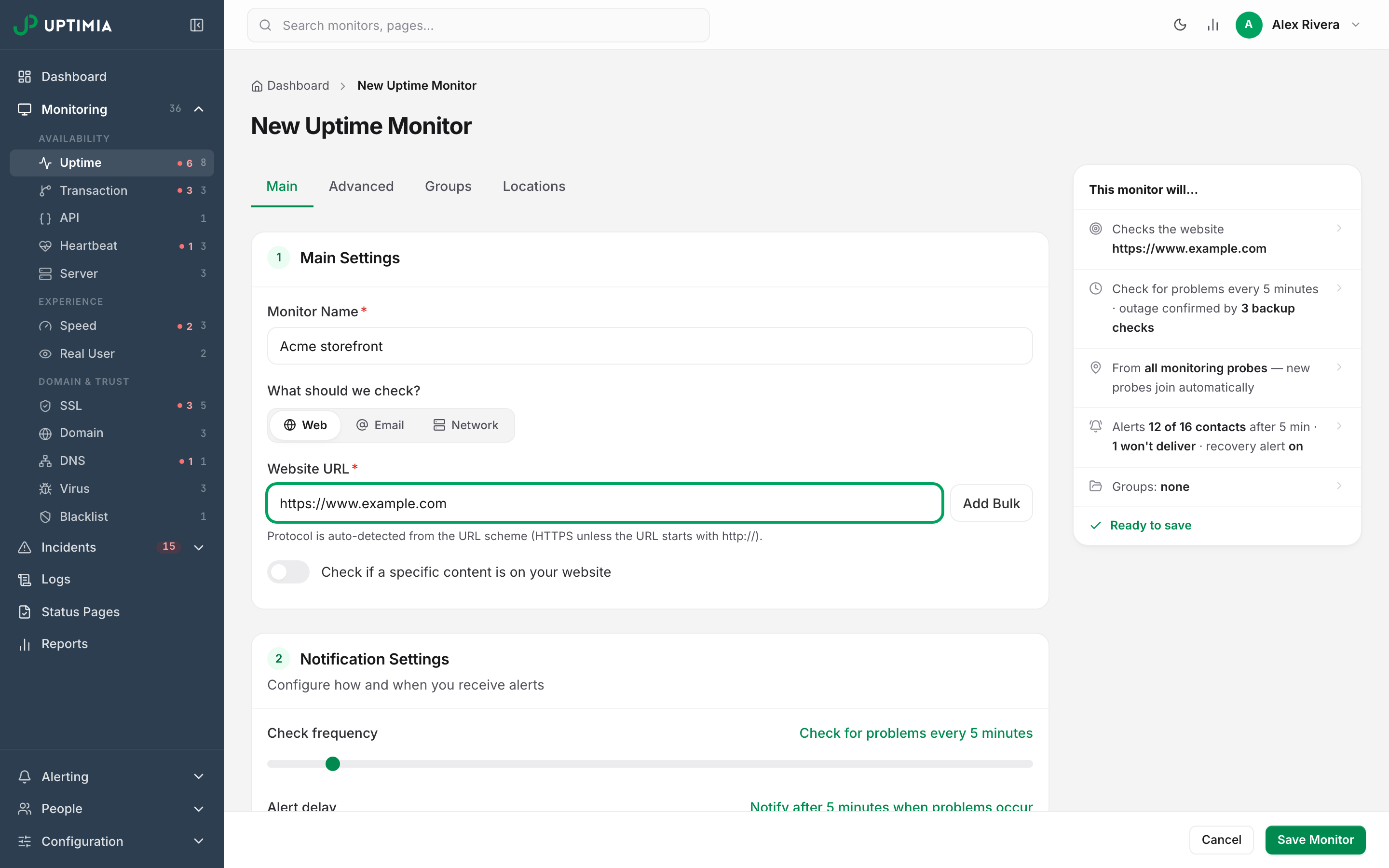 The uptime monitor editor's Main tab, showing the Web/Email/Network selector, the Website URL field, and the summary rail reading the whole monitor back in plain language with a Ready to save verdict.
