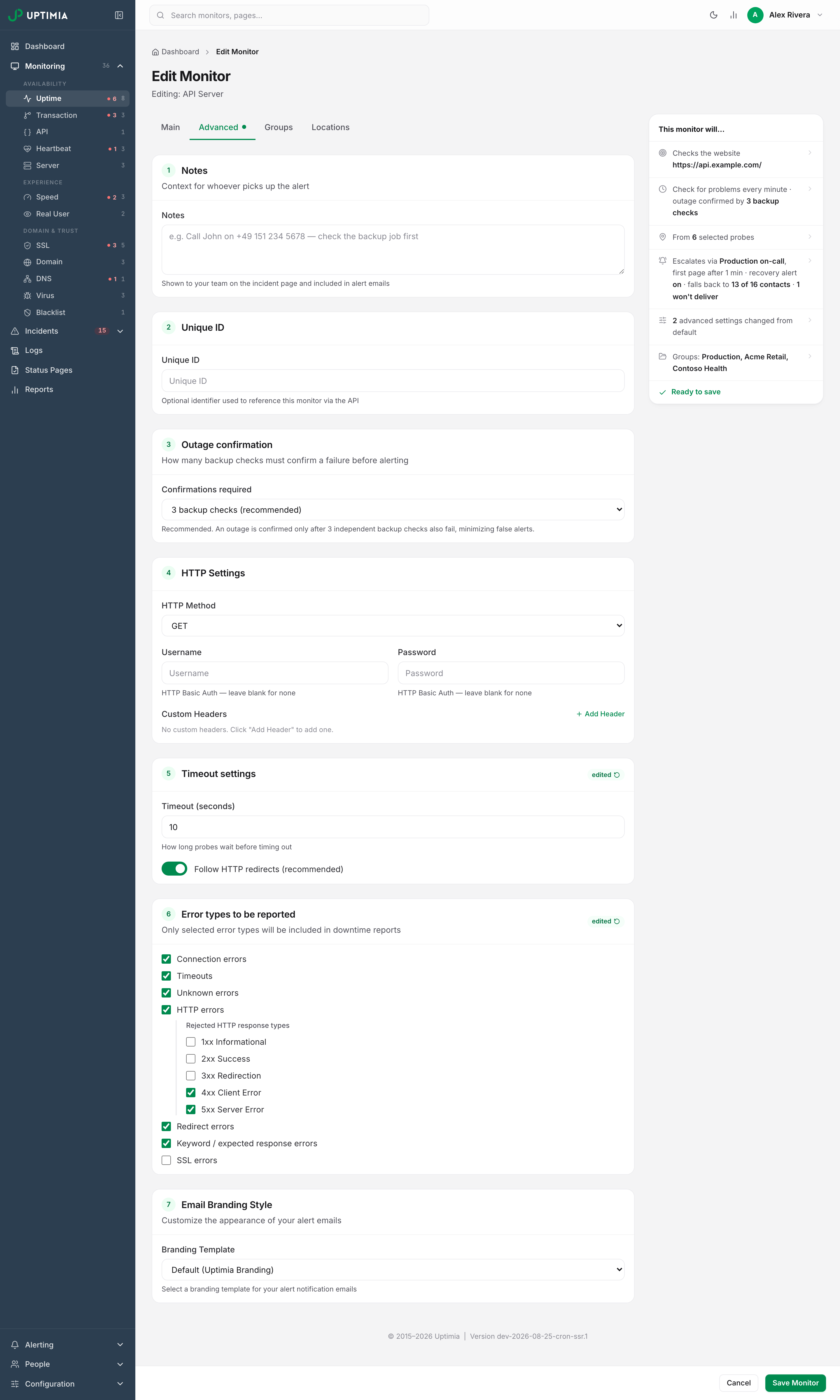 The Advanced tab of the uptime editor as one scrolling stack of cards (Notes, Unique ID, Outage confirmation, HTTP Settings, Timeout settings, Error types to be reported and Email Branding Style), with an edited pill marking the cards changed from their defaults.