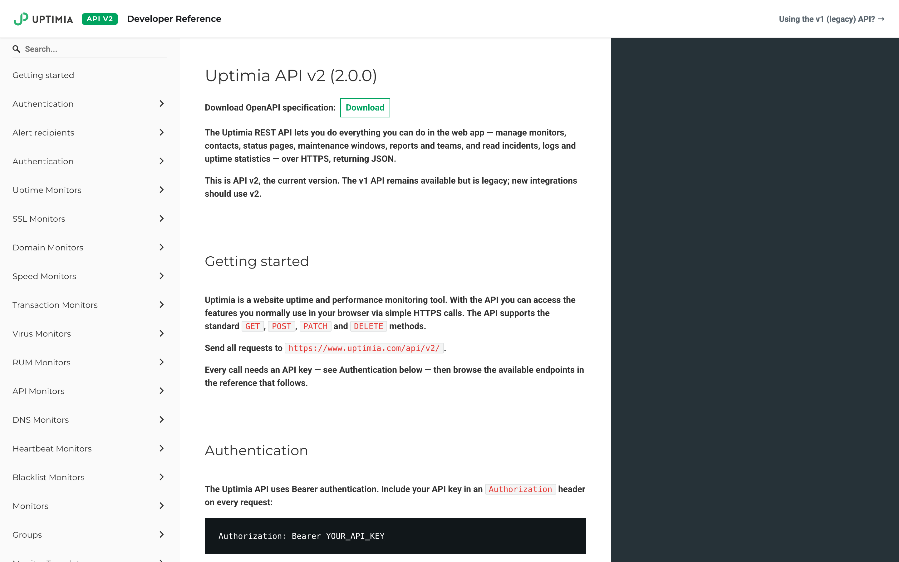 The hosted v2 reference at /developers: the Getting started section beside a sidebar that groups every endpoint by resource (Uptime, SSL, Domain, Speed, Transaction and the rest), so you can jump straight to a monitor family.