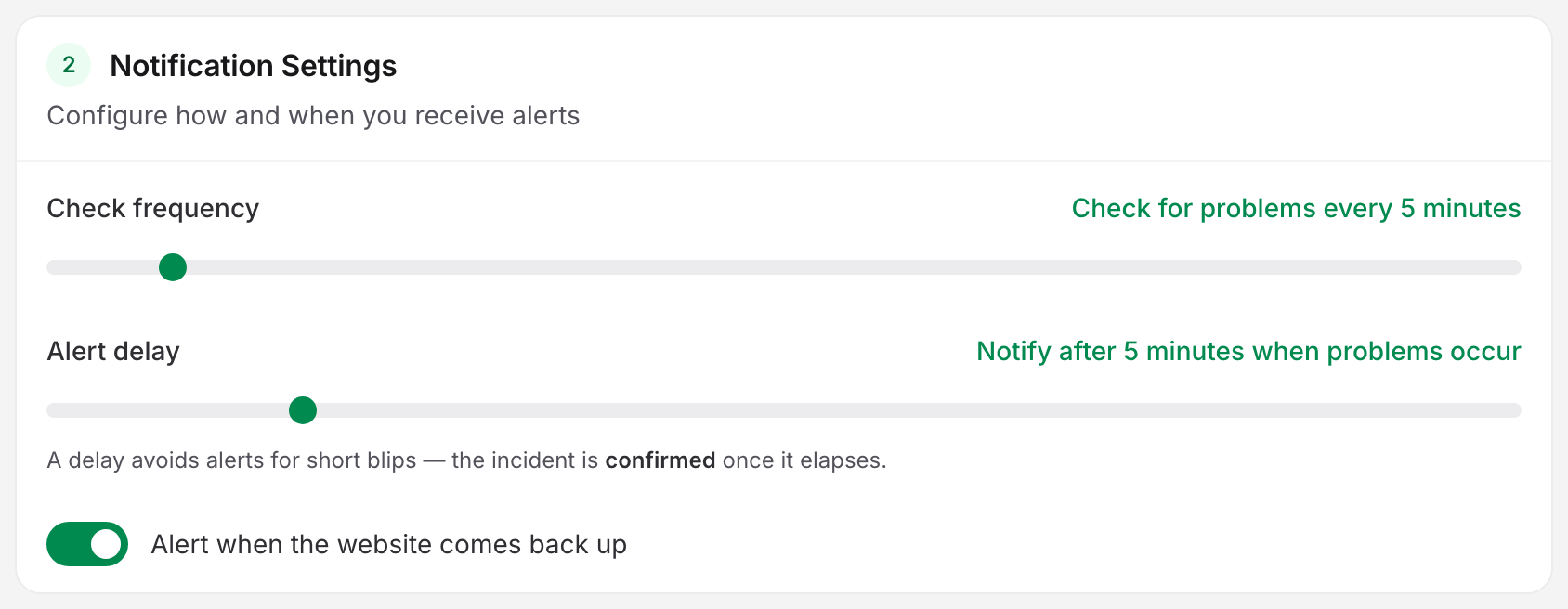 The monitor editor's Notification Settings card, where check frequency, the five-minute alert delay and the recovery alert are set.