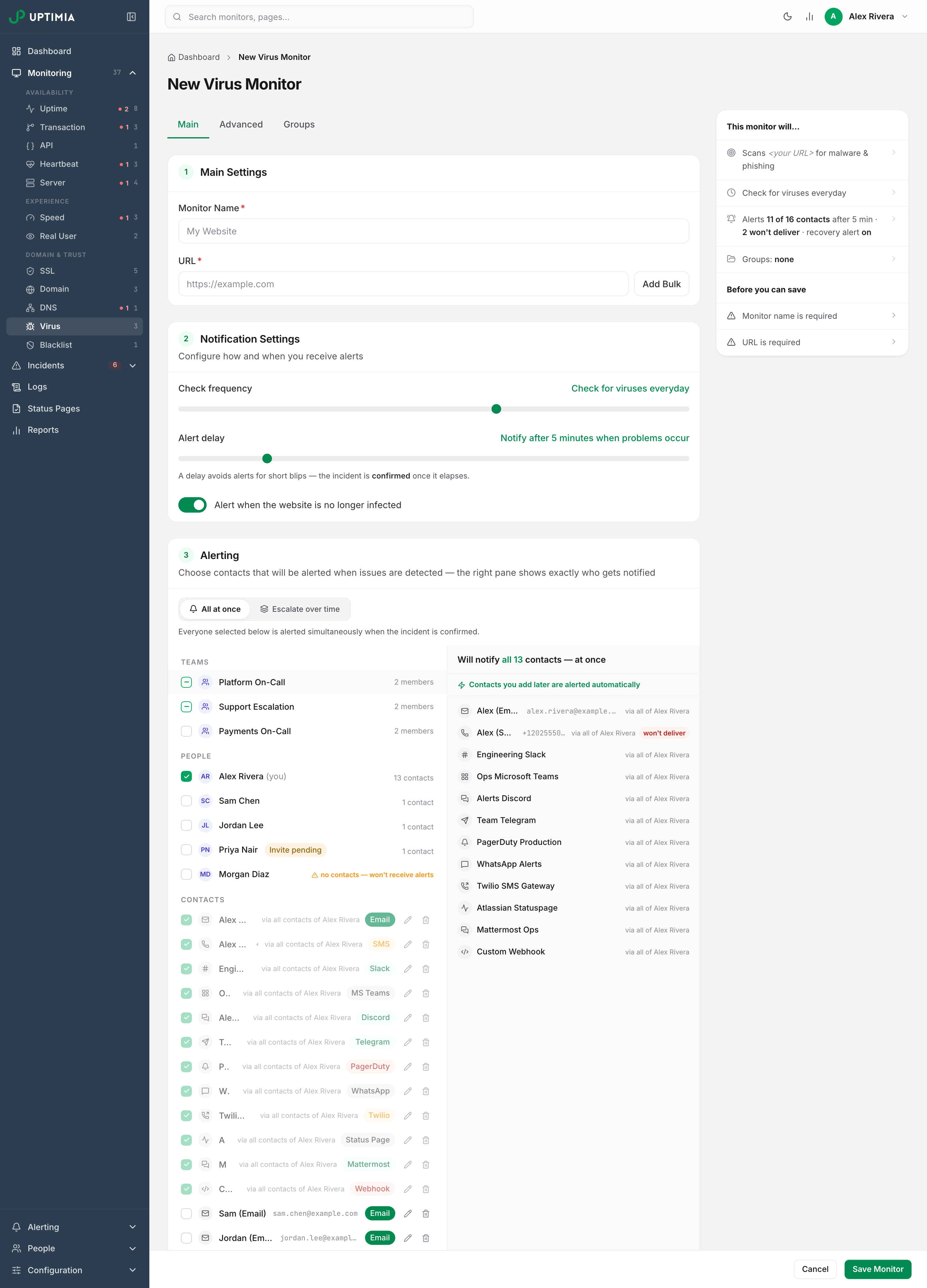 The new virus monitor form, showing the Monitor Name and URL fields, the check-frequency slider reading Check for viruses everyday, the recovery-alert toggle, the recipients panel and only three tabs, with no Locations tab.