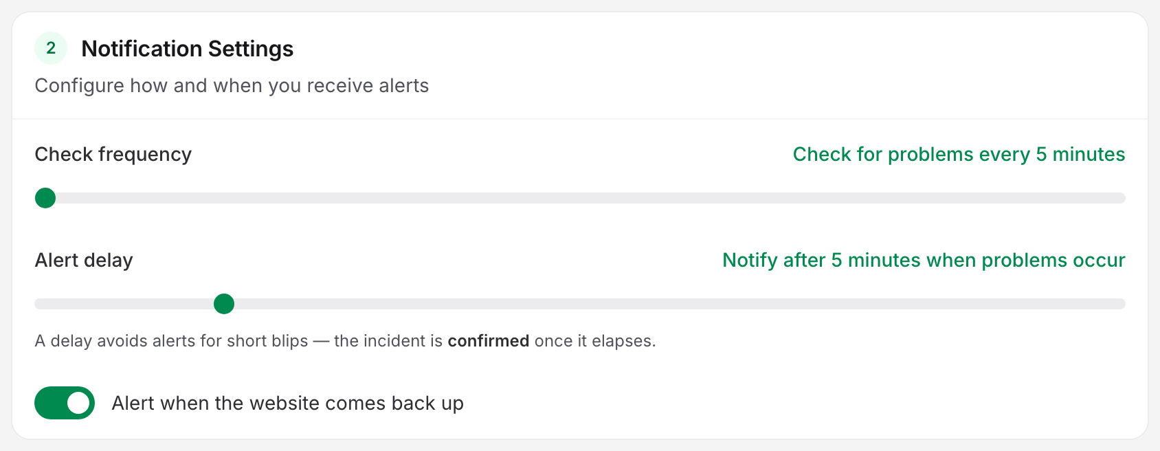 The Notification Settings card in the uptime monitor editor on a Free account, with the check-frequency slider at its leftmost stop reading Check for problems every 5 minutes.