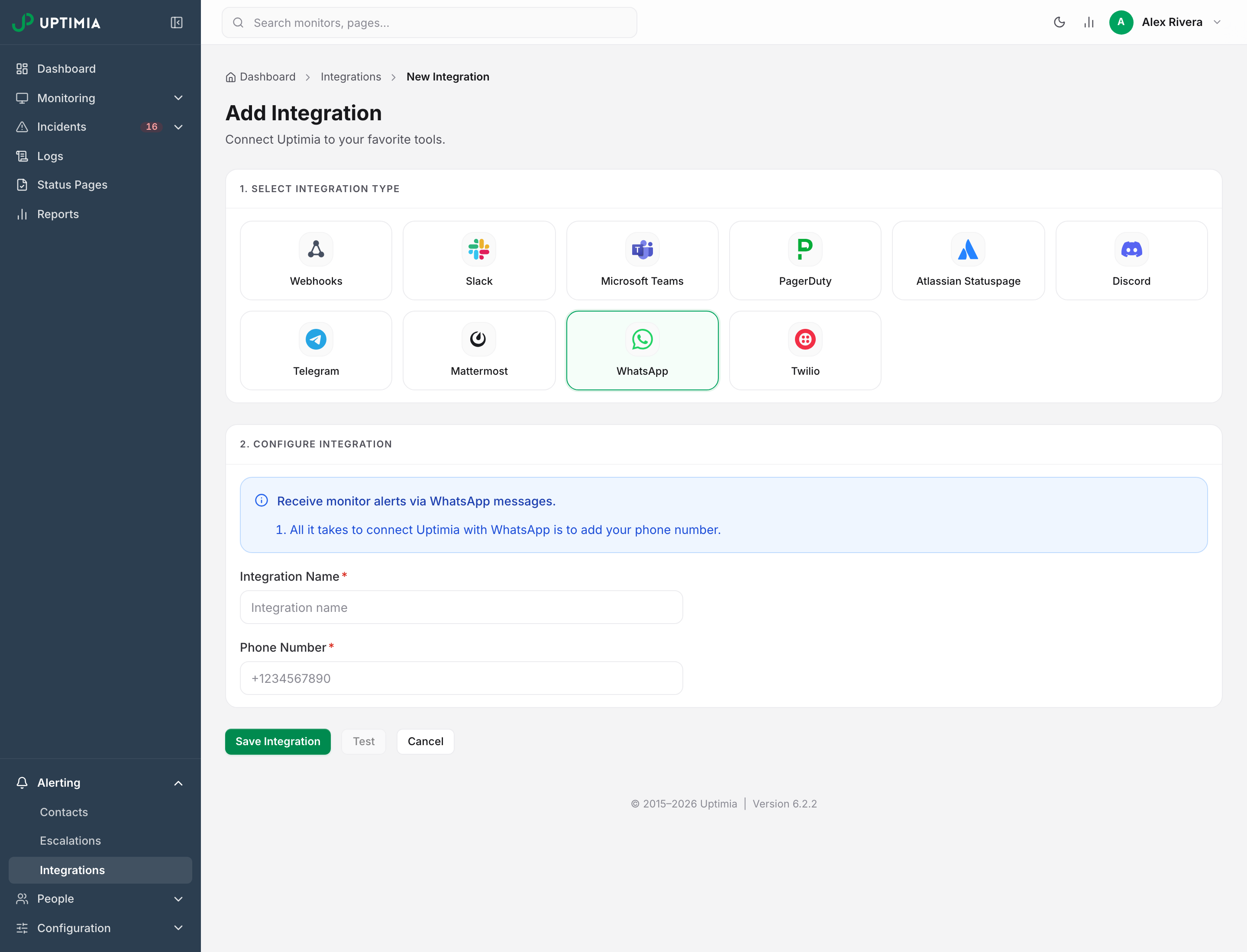 The Add Integration page with the WhatsApp tile selected, showing that a WhatsApp integration needs only an Integration Name and one Phone Number.