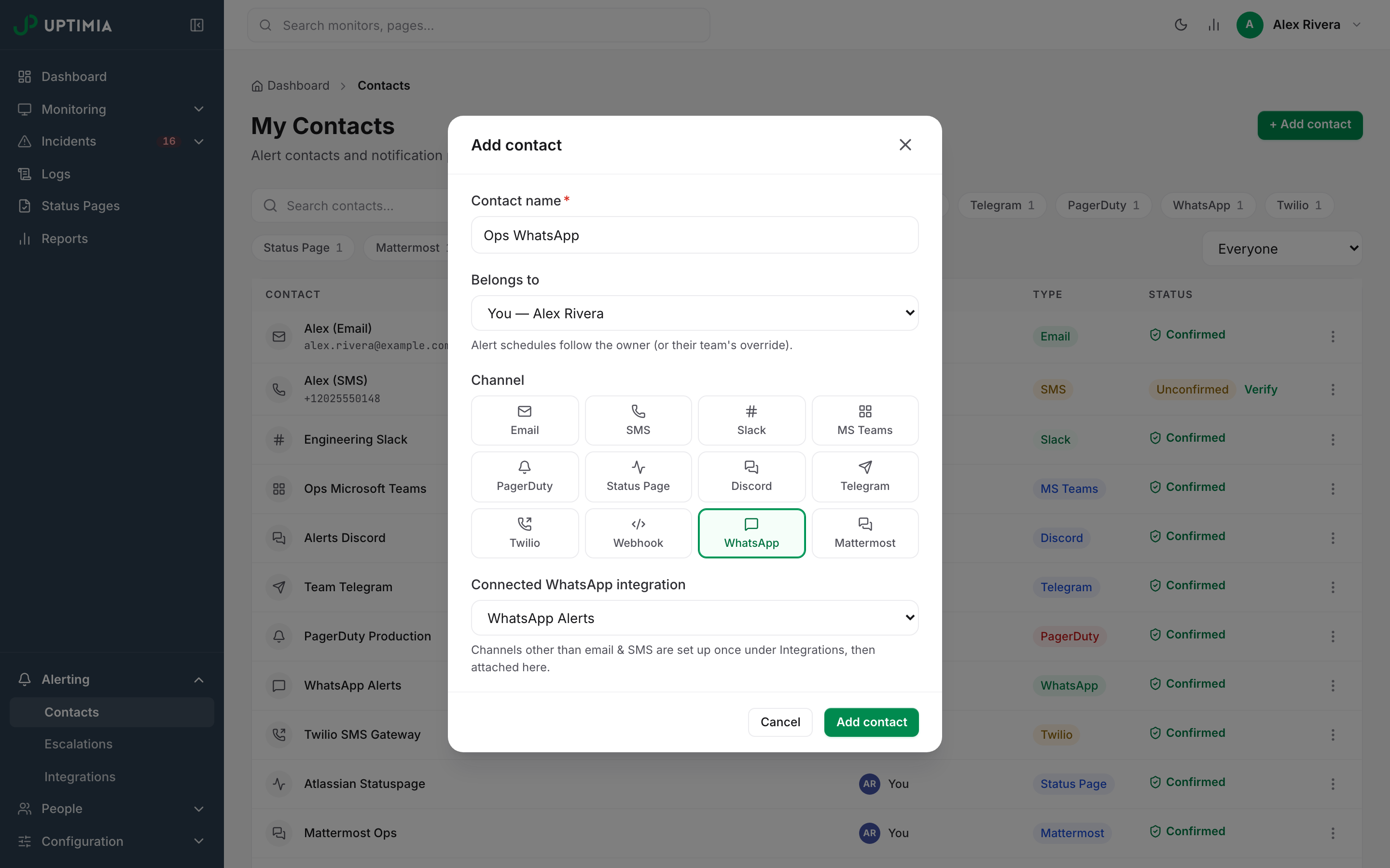 The Add contact modal with the WhatsApp channel chosen, showing a Connected WhatsApp integration picker where email and SMS would show an address or phone field.