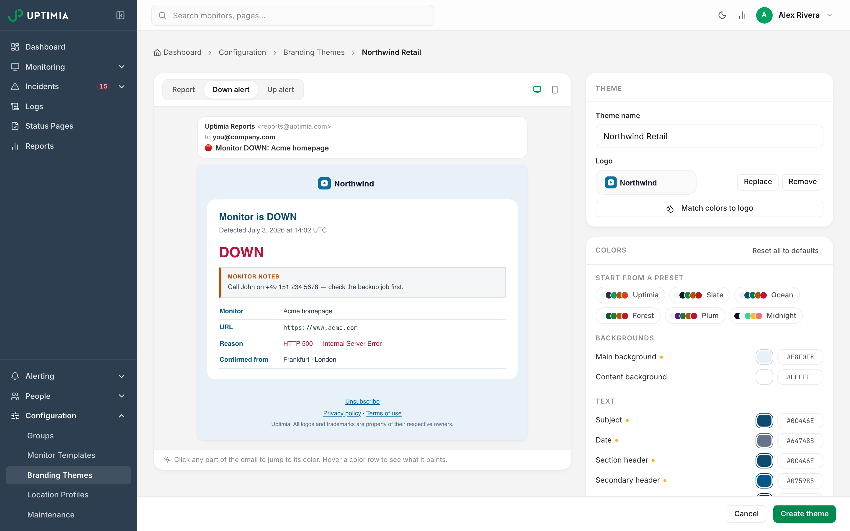 The branding theme editor previewing a down-alert email: the client logo in the header, the DOWN heading painted from the theme's colors, and the color presets and pickers in the rail on the right.