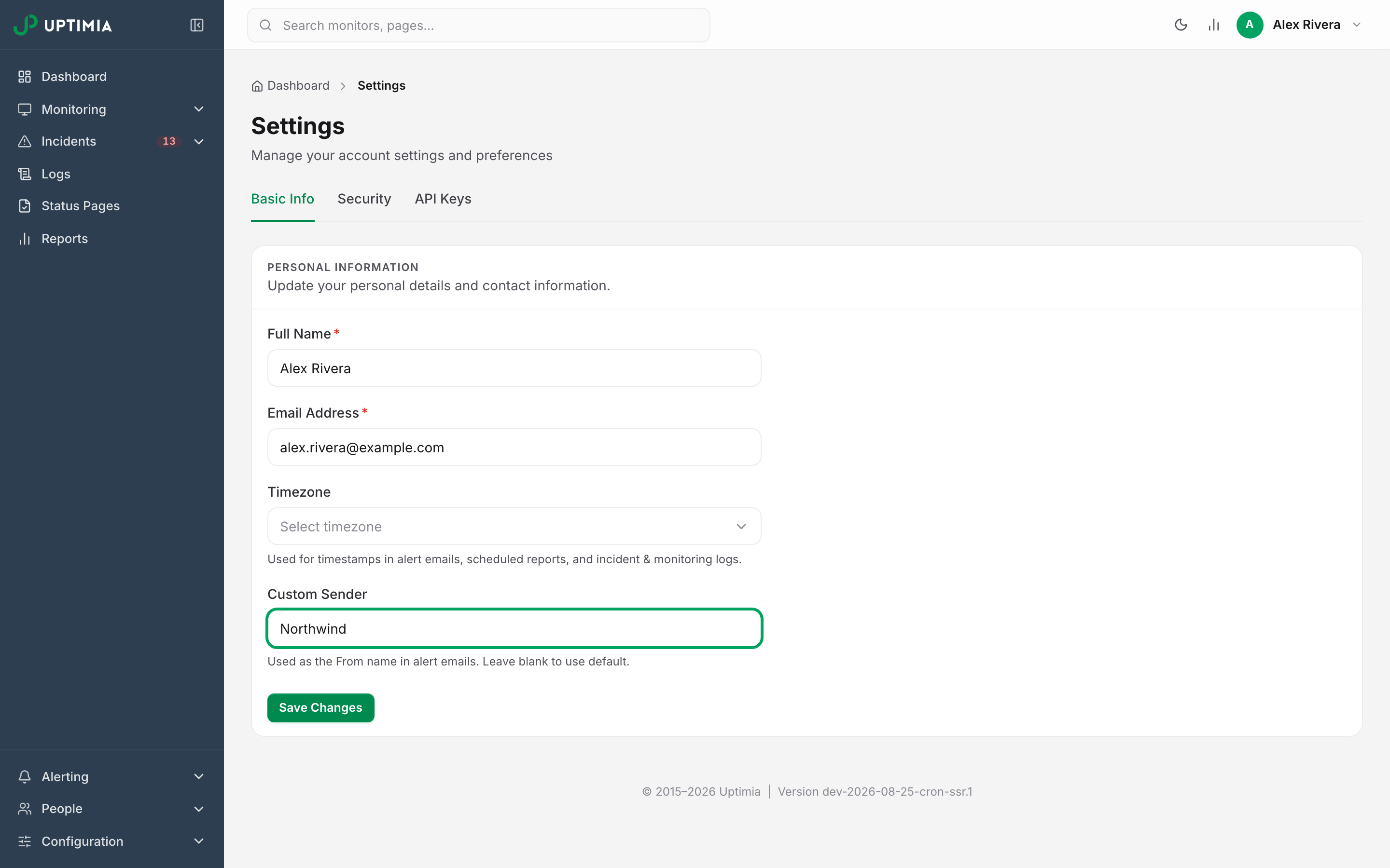 The Custom Sender field on Settings, Basic Info, filled with an agency name, which sets the From name clients see on alert emails.