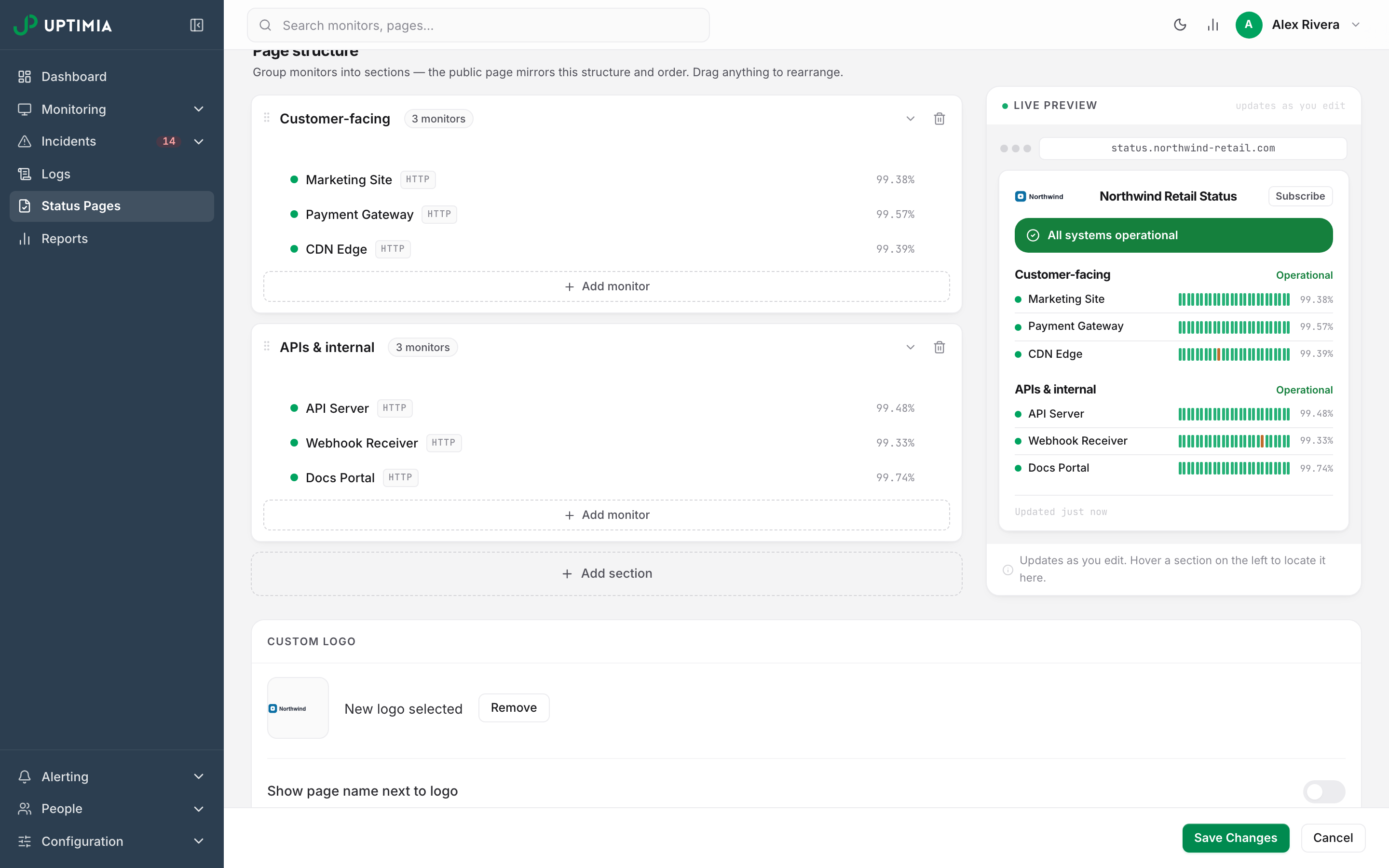 The status page editor's live preview showing the client logo, the custom domain status.northwind-retail.com in the URL bar, and section-by-section monitor uptime.