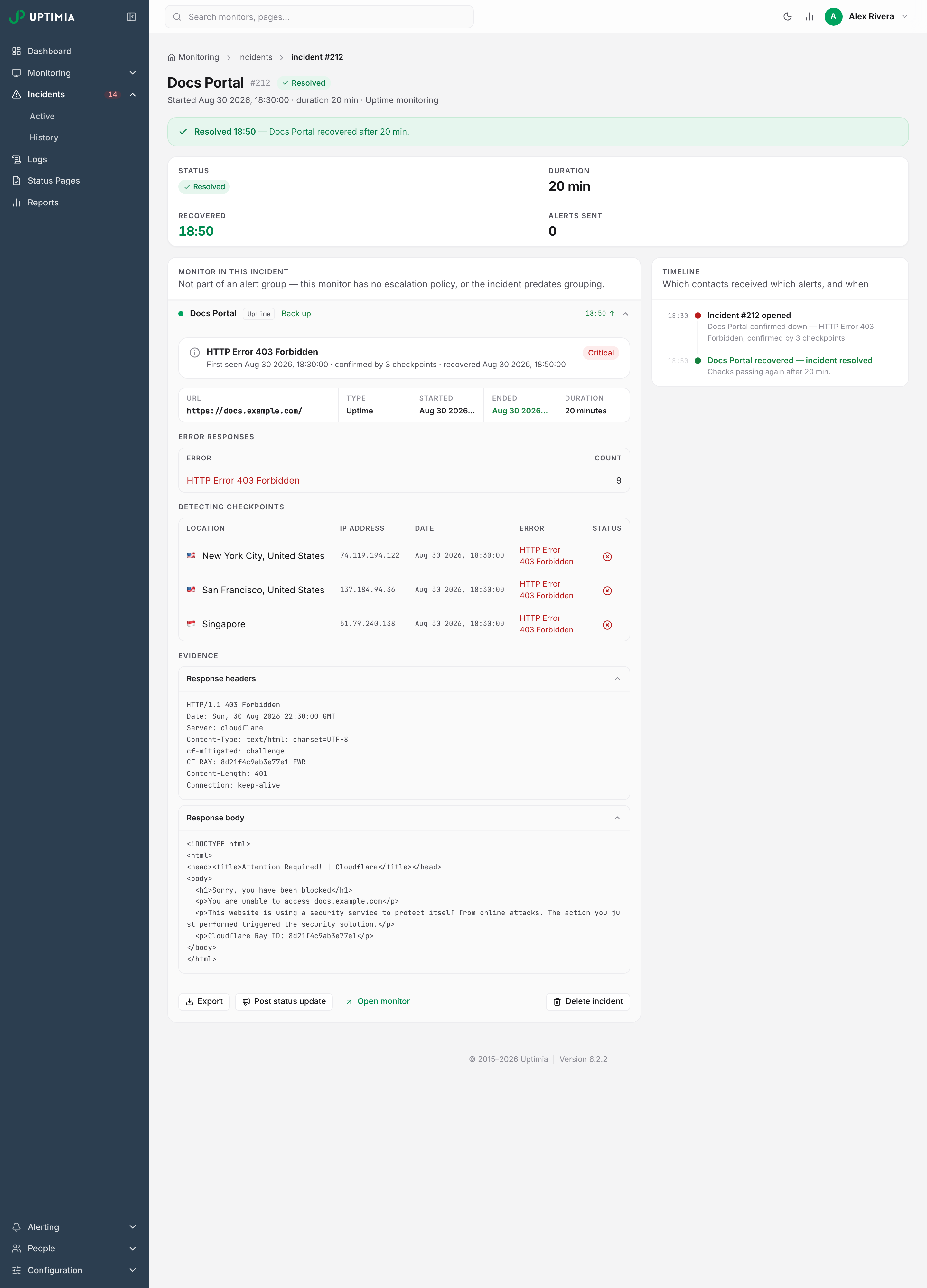 The root-cause panel of an incident, showing the Detecting checkpoints table with each probe's IP address and the Cloudflare block page the probe was served instead of the site.