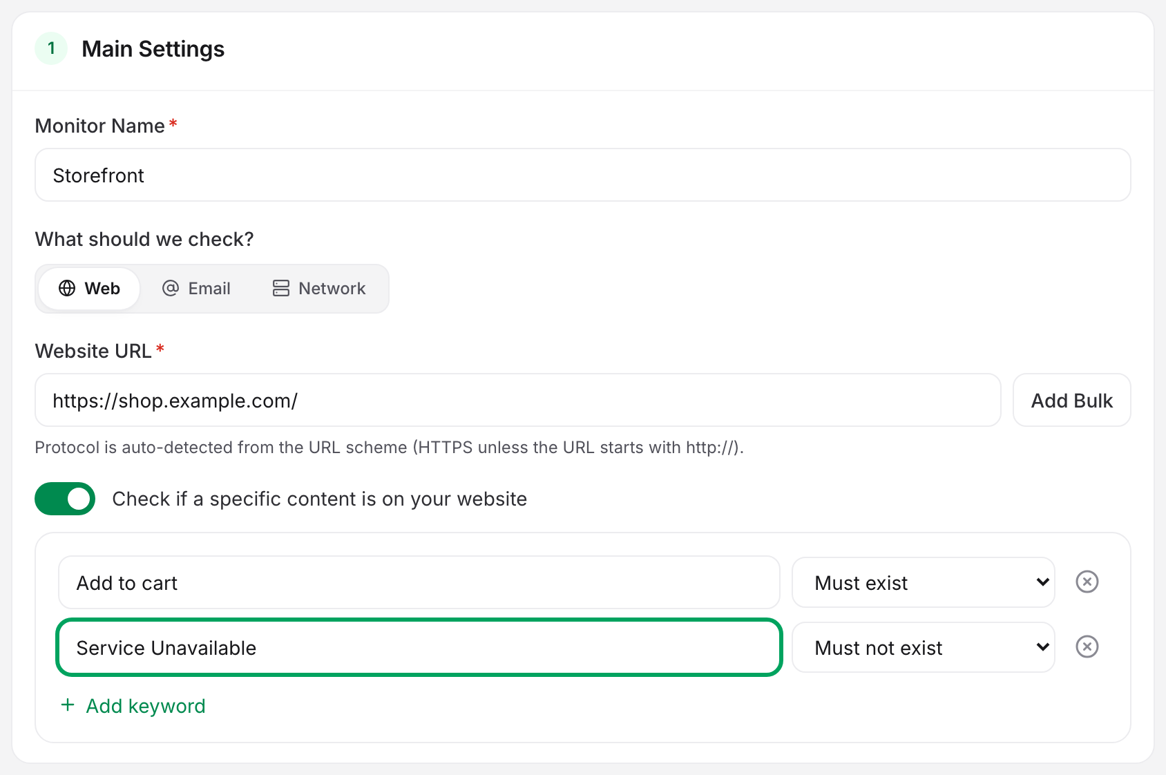 The uptime monitor editor's Main tab with the keyword check switched on, showing one keyword set to Must exist and a second failure string set to Must not exist, plus the Add keyword link.